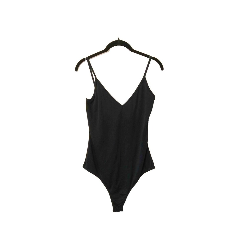 NWOT Women's Black Bodysuit V Neck Spaghetti Strap Made In USA Size Large